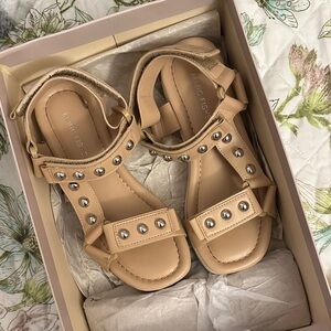 Marc Fisher Beige Studded Leather T-Strap Sandals